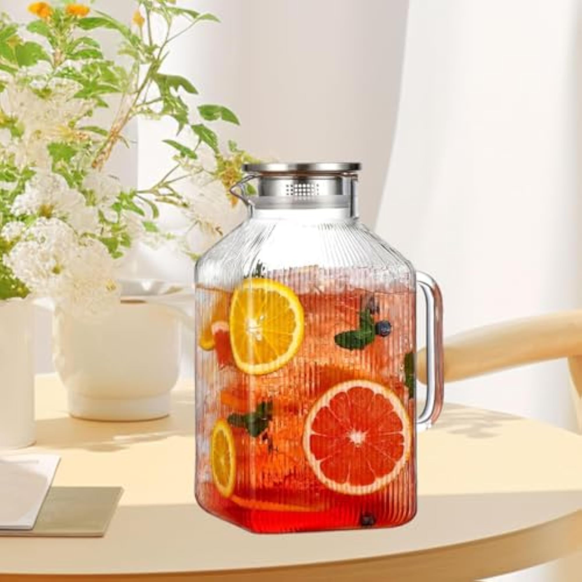 Glass Pitcher Water Juice Jug with Clear Handle, 3800ml